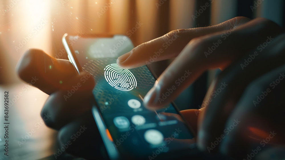 Leinwandbilder man using fingerprint identification to access personal financial data on mobile phone mobile banking app biometrics cyber security innovation technologyBiometrics security system : Generative AI