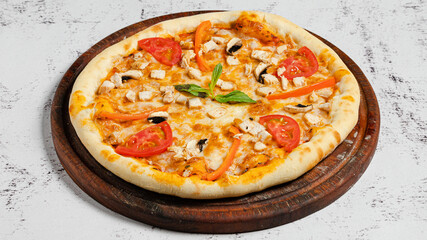 Delicious pizza isolated on wooden board