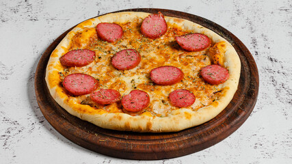 Delicious pizza isolated on wooden board