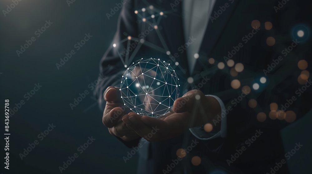 Poster Businessman holding global network connection on social networking and customer data analytics Business strategy and smart intelligence digital marketing Technology and global business : Generative AI