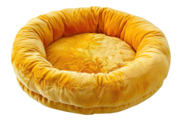 Yellow round plush pet bed isolated on transparent background