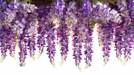 Obraz premium Elegant cascading purple wisteria flowers isolated on white background, ideal for nature, floral, and spring-themed designs.