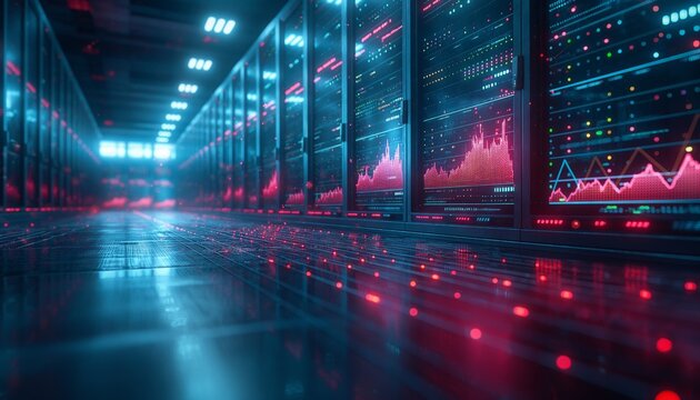 Server hallway with neon red light reflections