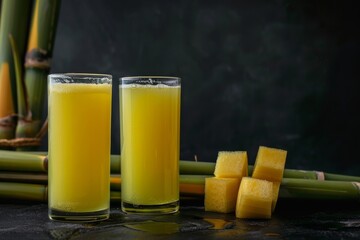 Refreshing Sugarcane Juice with Sliced Sugarcane