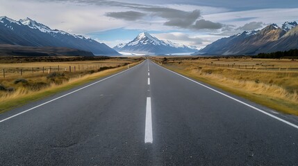 Fototapeta premium An empty State Highway 80 road towards Aoraki Town and Mount Cook flanked by grassland during early evening time Shot taken during March : Generative AI