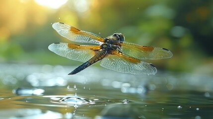 Naklejka premium A dragonfly hovering above a pond, its wings glistening in the sunlight.