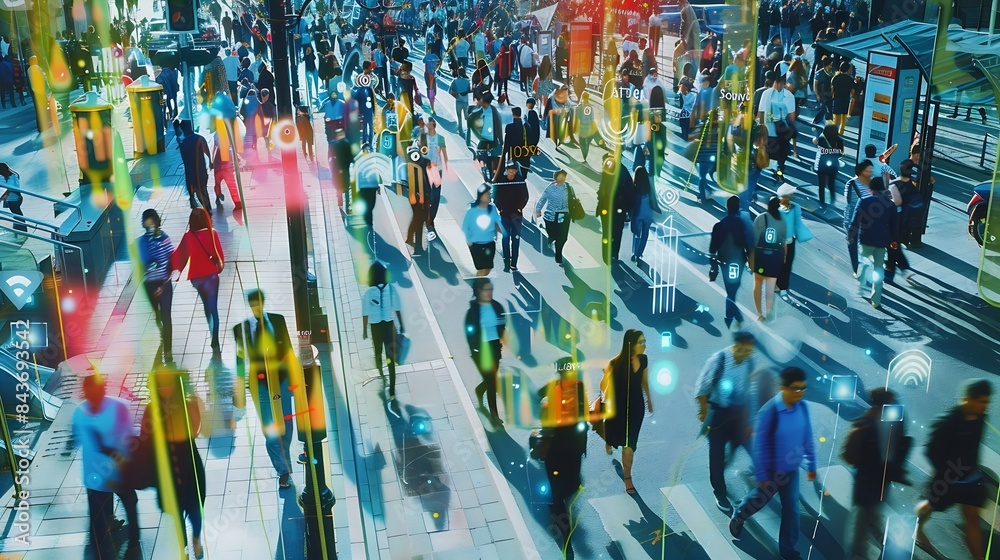 Poster elevated security camera surveillance footage of a crowd of people walking on busy urban city street
