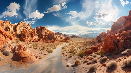 Panoramic view of endless winding empty Mouse tank road in Valley of Fire State Park through canyons of red Aztec Sandstone Rock formations and desert vegetation in Mojave desert Overt : Generative AI