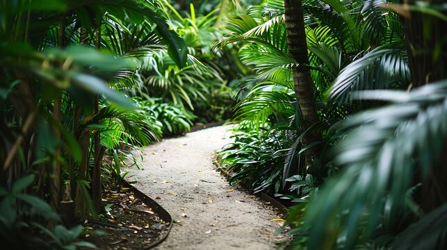 A fork in the beautiful walking trail leading through lush green plants : Generative AI