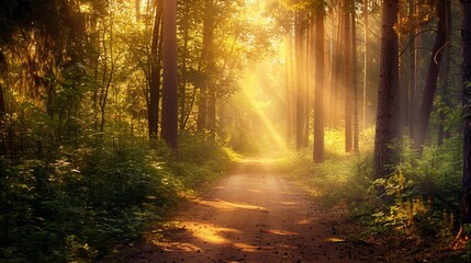 Beautiful forest path illuminated by golden sunlight filtering through the trees, depicting a serene and tranquil natural scenery.