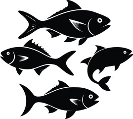 Set of black fish icon black silhouette fisheries vector