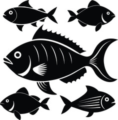 Set of black fish icon black silhouette fisheries vector