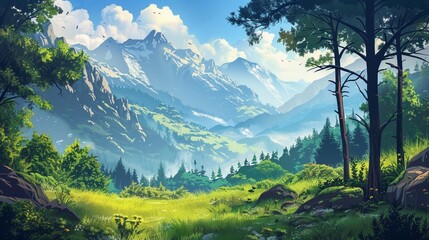 Beautiful forest with grasslands, cliffs and mountains