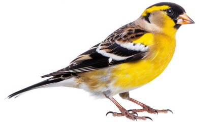 Yellow and black evening grosbeak bird with brown and white accents is standing and facing right