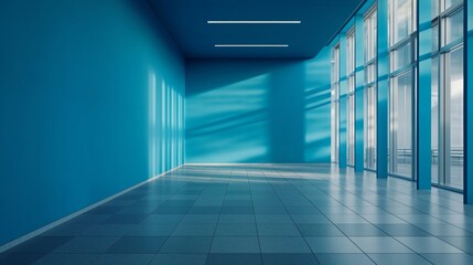 Empty modern hallway with blue walls and large windows.