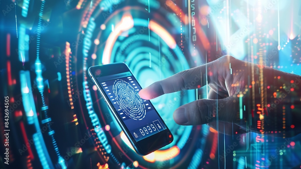 Poster man using fingerprint identification to access personal financial data on mobile phone mobile banking app biometrics cyber security innovation technologyBiometrics security system : Generative AI