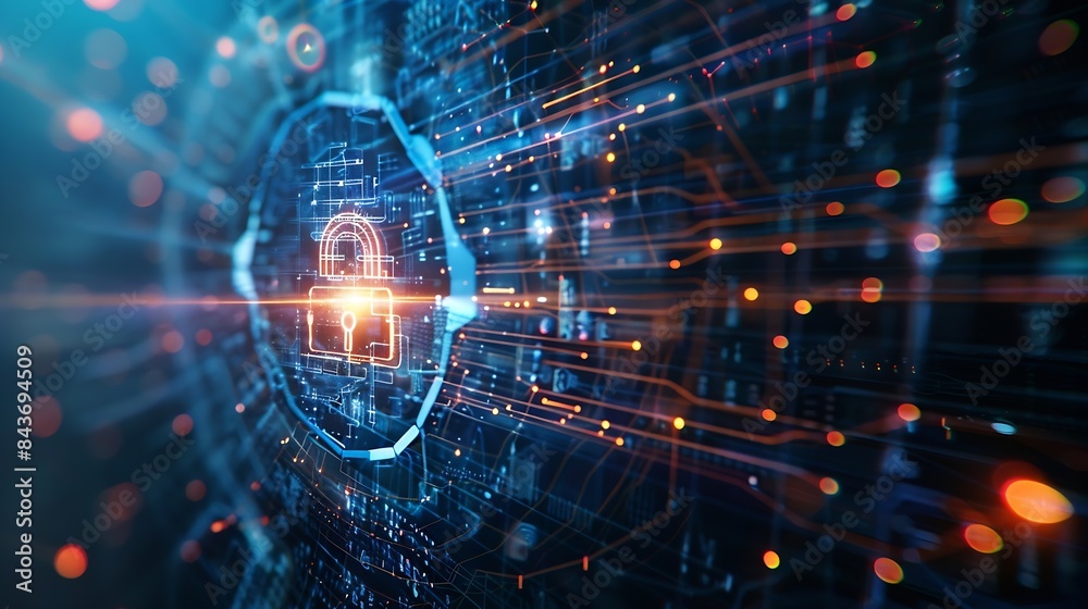 Aufkleber Cyber security network and data protection technology on interface Ai security Block chain Digital padlock Online internet authorized access against cyber attack Business data privacy  : Generative AI