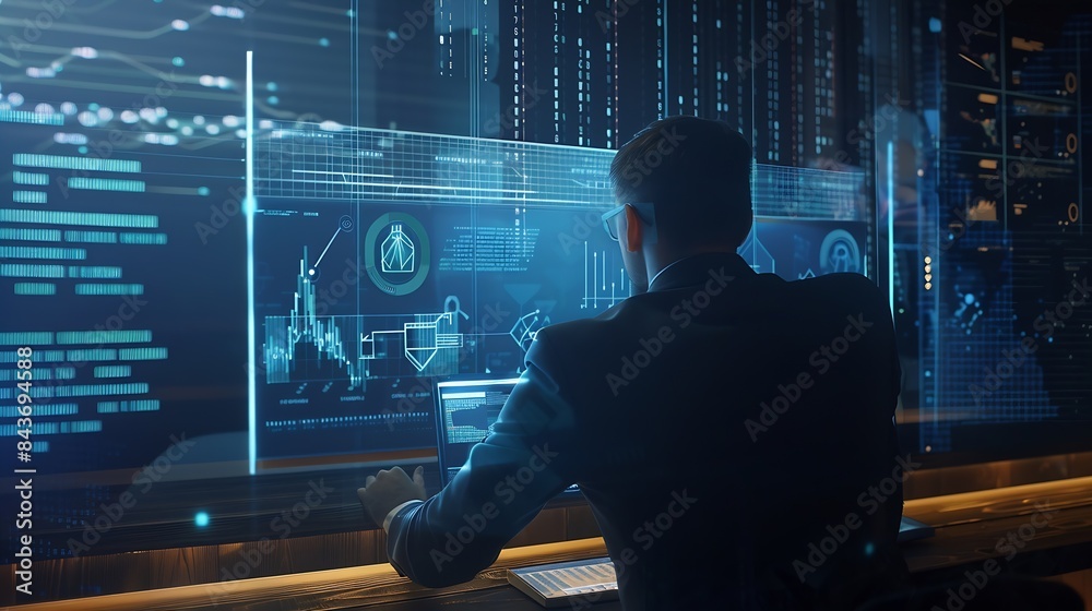 Aufkleber businessman analyzes profitability of working companies with digital augmented reality graphics posi