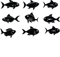 Set of black fish icon black silhouette fisheries vector