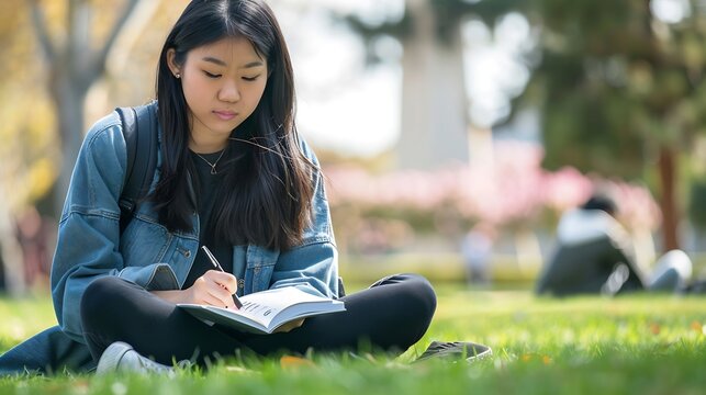 concentrate asian korean female international student reviewing notes for test on the lawn near hoover tower during her spring semester study tour at school university in California us : Generative AI