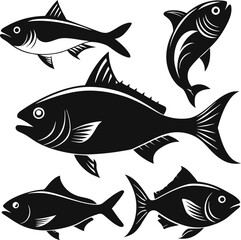Set of black fish icon black silhouette fisheries vector