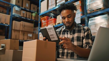 Inventory Manager Using Smartphone to Scan a Barcode on Parcel Preparing a Small Cardboard Box for Postage Black Multiethnic Small Business Owner Working on Laptop in Warehouse : Generative AI