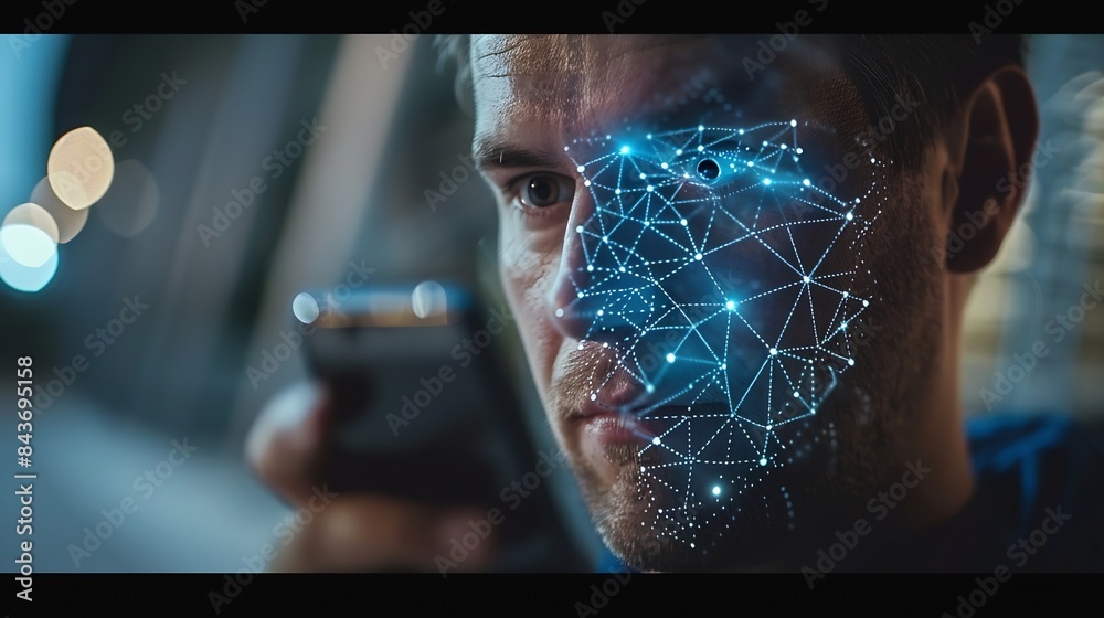 Leinwandbilder Facial recognition biometric security system cyber security network technology data protection concept Man using mobile phone with face scanning unlocked to access personal data and ne : Generative AI