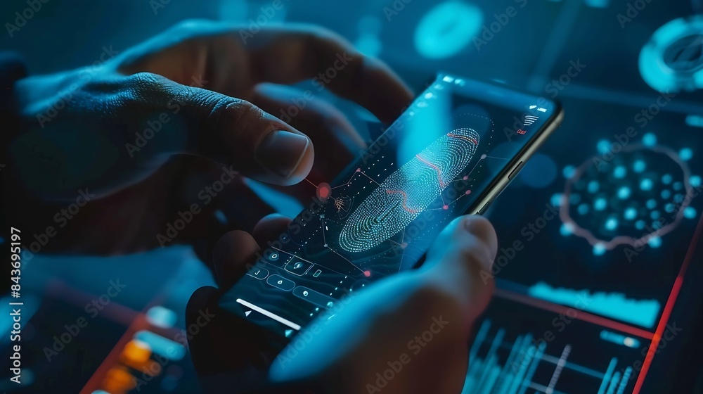 Fototapete Cyber security network Data protection Business man using mobile phone for digital banking with fingerprint biometric network security technology cloud computing data encryption cybers : Generative AI