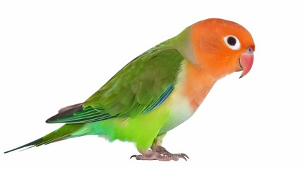Obraz premium Vibrant fischer's lovebird elegantly gazes to the right in a studio setting with a white backdrop, ideal for wildlife and nature themed projects