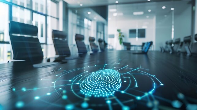 Image of viewfinder and thumbprint with connected dots over empty conference room Digital composite multiple exposure biometric security meeting office networking technology concept : Generative AI