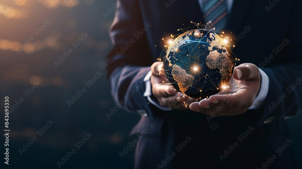 Poster Businessman holding global network connection on social networking and customer data analytics Business strategy and smart intelligence digital marketing Technology and global business : Generative AI