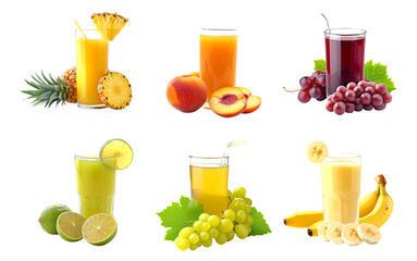 Juice, a vibrant collection of flavors, including pineapple, peach, grape, lime, and banana, served...