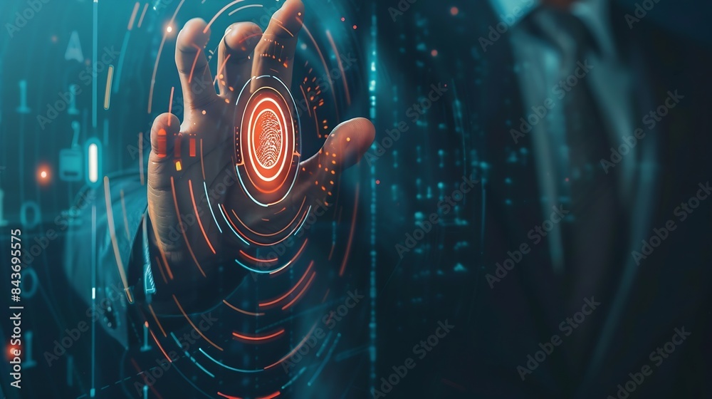 Leinwandbilder Businessman using fingerprint indentification to access personal financial data biometrics security innovation technology against digital cybercrimeidentification and security scanning : Generative AI