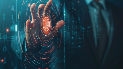 Businessman using fingerprint indentification to access personal financial data biometrics security innovation technology against digital cybercrimeidentification and security scanning : Generative AI