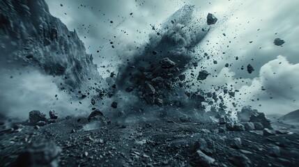 Dramatic explosion in a rocky terrain with flying debris and dark clouds, creating a powerful and dynamic scene filled with energy and motion.