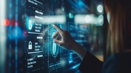 Biometric security system Woman uses fingerprint to access personal financial information on Banking app on virtual screen Biometric cyber security innovation technology : Generative AI