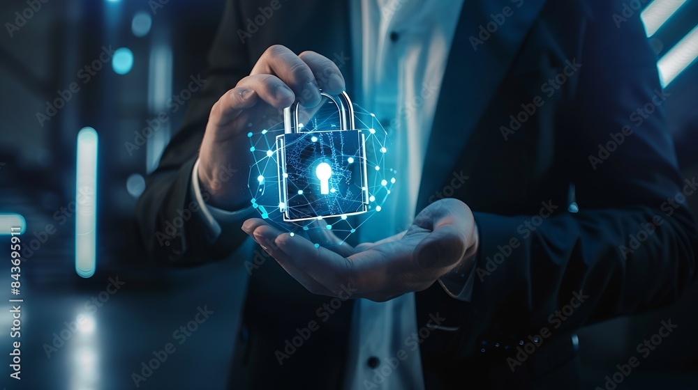 Fototapete Cyber security and data protection businessman holding padlock Internet network security system protecting business and financial transaction data from cyberattacks secure data encrypt : Generative AI