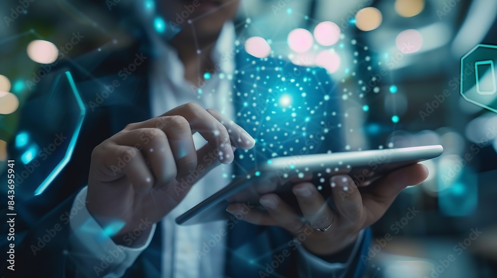 Poster Facial recognition biometric security system cyber security network technology data protection concept Businessman using digital tablet with face scanning unlocked to access personal d : Generative AI