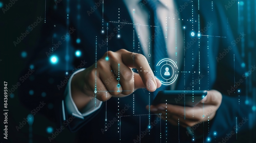 Poster Cyber security online banking data protection Businessman using fingerprint indentity and face id to access personal financial data biometrics security on mobile banking app innovation : Generative AI