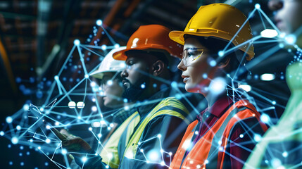 A group of diverse workers in hard hats. with glowing data streams and network connections flowing around them 