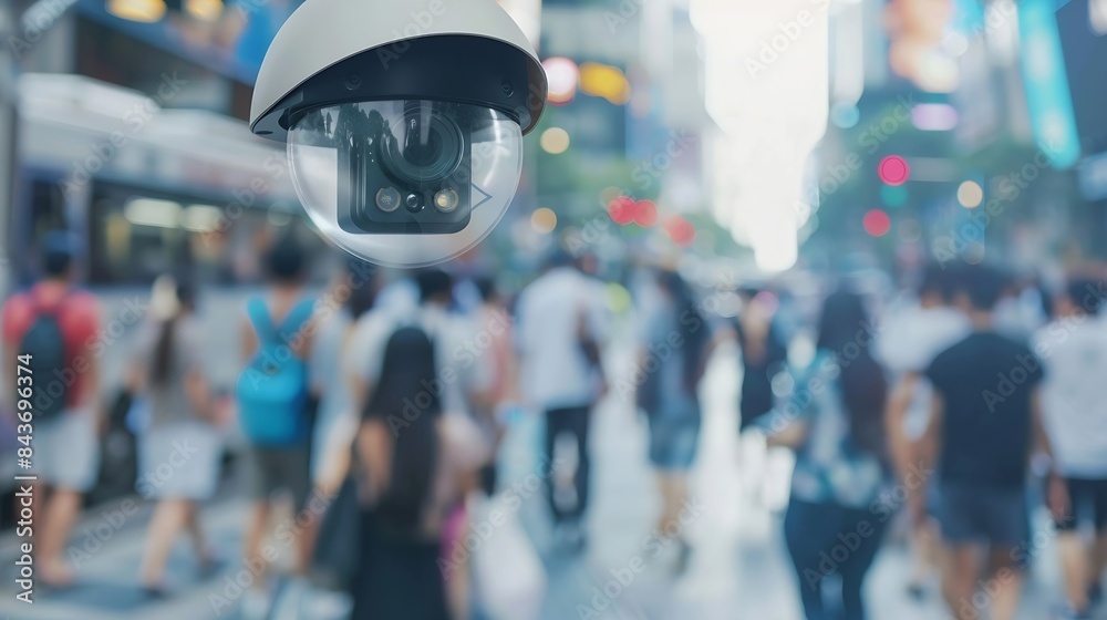 Poster cctv ai facial recognition camera zoom in recognizes person elevated security camera surveillance fo