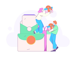 Use red envelopes to attract new customers and promote activity. Flat vector character concept illustration

