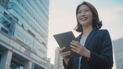 Fototapeta premium Smiling young Asian business woman leader entrepreneur professional manager holding digital tablet computer using software applications standing on the street in big city on sky backgr : Generative AI