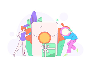 Use red envelopes to attract new customers and promote activity. Flat vector character concept illustration

