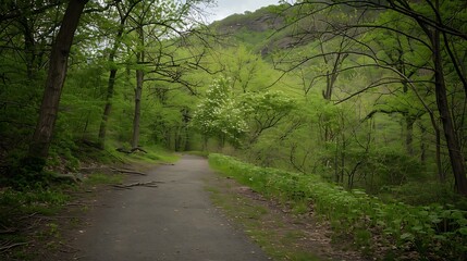 Fototapeta premium Long Empty Hiking Trail with Green Trees at Hudson Highlands State Park in Cold Spring New York : Generative AI