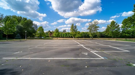 Fototapeta premium Empty parkining spaces at a park and ride facility on a sunny summer day : Generative AI