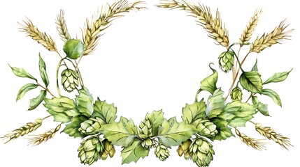Naklejka premium Watercolor wreath of wheat and hops, perfect for beer or brewery branding.