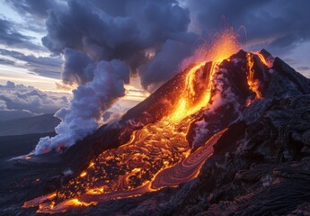 A violent volcanic eruption, with lava flowing down the side of the volcano and ash plumes rising into the sky