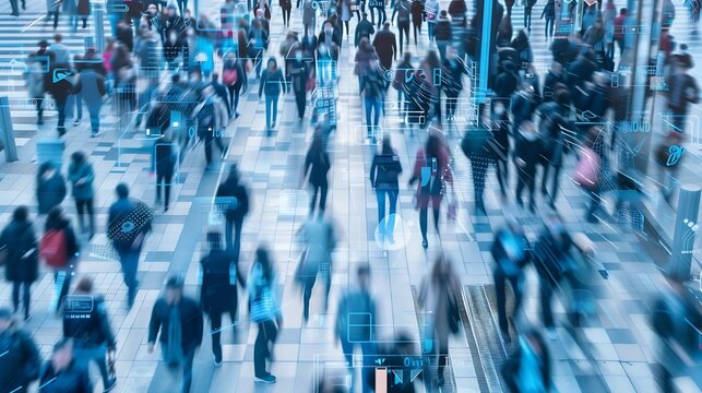 Face recognition and personal identification technologies in street surveillance cameras law enforcement control crowd of passersby with graphic elements Privacy and personal data prot : Generative AI