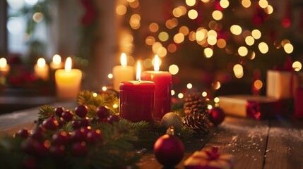 Festive holiday table with candles and decorations.